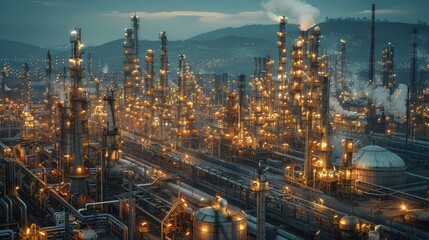 Fototapeta premium Illuminated industrial complex at dusk with smokestacks and pipelines under a twilight sky