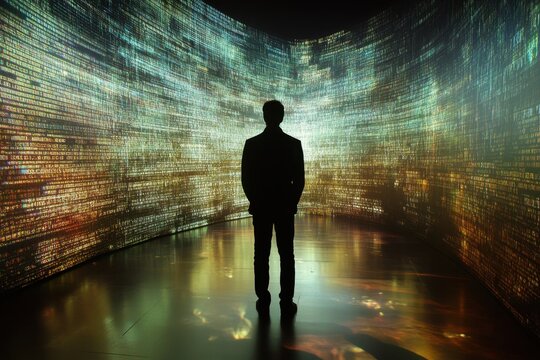 Person stands in a futuristic digital landscape with vibrant light patterns and data visuals