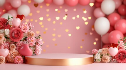 A vibrant display featuring pink and white balloons, flowers, and golden heart confetti, creating a romantic backdrop perfect for celebrations.