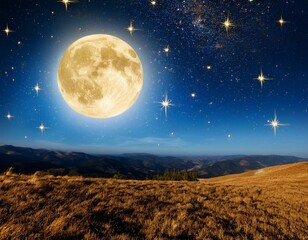 Fototapeta premium golden stars twinkling in a night sky with radiant full moon