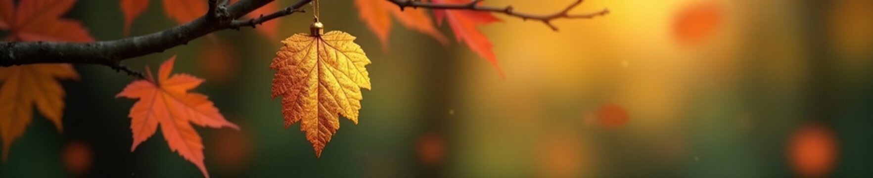 Golden leaf ornament suspended from a tree branch amidst autumn leaves, autumn, ornament, evergreen