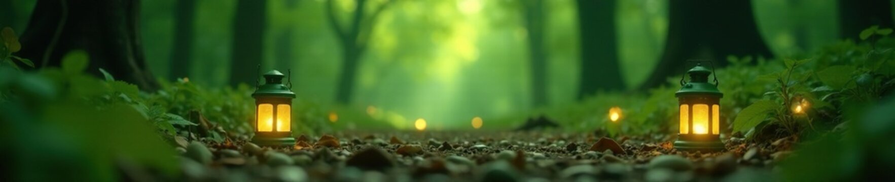 Soft green lanterns with tan shades cast warm glow on misty forest floor, bokeh, misty, green