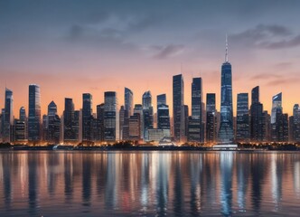 Obraz premium Sparkling City Skyline at Sunset on Light Blue , city skyline, water