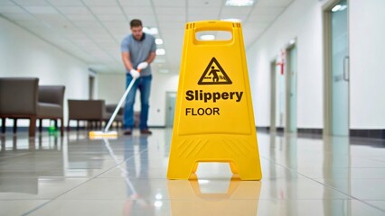 Caution Sign for Wet Floor with Maintenance Worker Cleaning in Office Corridor