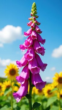 Foxglove plant in full bloom against blue sky, sunflowers, landscape