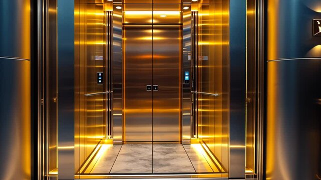 Luxurious elevator interior with golden accents and modern design