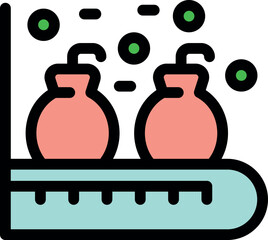 Automated production line transporting two spherical tanks emitting particles, symbolizing industrial chemical processing