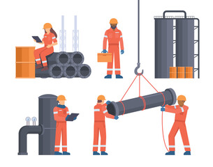 Oil and Gas Industry Workers Collection with Pipes and Industrial Elements. Editable Vector Illustration, Easy to Customize