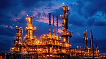Industrial plant illuminated at dusk with dramatic clouds and vibrant colors in the sky