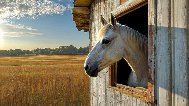 Majestic white horse gazing from a rustic barn window at golden fields