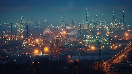 Fototapeta premium Night view of a bustling industrial complex with glowing lights and smoke, showcasing activity