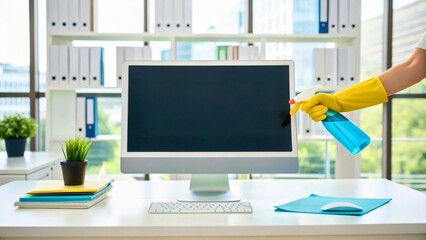 Cleaning a Computer Monitor with Spray Bottle in a Modern Office Setting