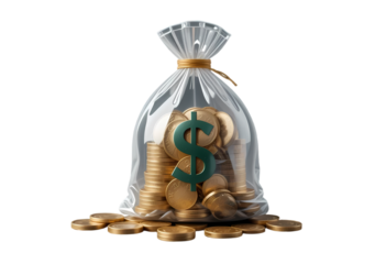 money bag filled with coins and stacked piles of money
