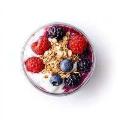 A vibrant mixed berry parfait with yogurt and granola, isolated white background, minimalist art style