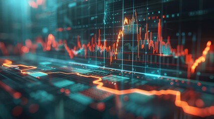 Abstract digital financial data visualization with glowing graphs and charts on a dark background