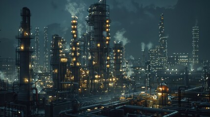 Fototapeta premium Nighttime industrial landscape featuring illuminated factories and smokestacks under a cloudy sky