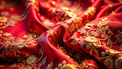 Close-up Red Silk Chinese Clothing Texture: Intricate Embroidery & Rich Fabric Detail