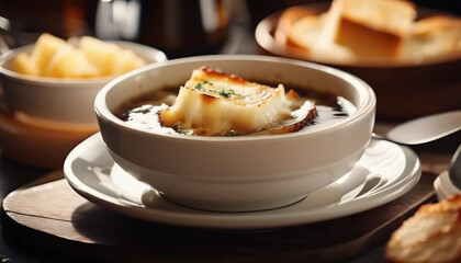 French onion soup with cheese. 