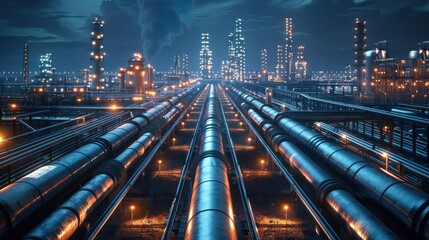 Nighttime industrial landscape showcasing pipelines and smokestacks under a glowing skyline