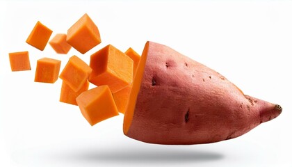 falling sweet potato cube isolated on white background selective focus
