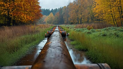 Rusty pipeline stretching through a vibrant autumn forest landscape - Powered by Adobe