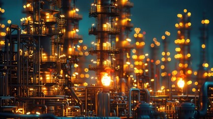 Industrial complex at night with illuminated towers, showcasing vibrant lights and activity