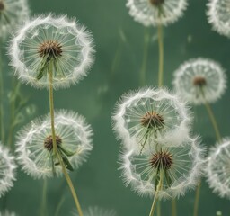 Obraz premium Soft and feathery texture of abstract dandelion flowers on a muted green background , SubtleColors, FloralArtistry, EarthyTones