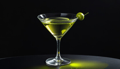 Classic martini with olives in elegant glass against black background