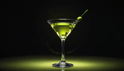 Classic martini with olives in elegant glass against black background