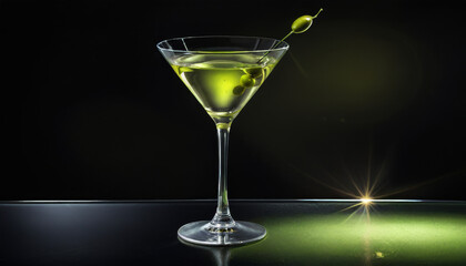 Classic martini with olives in elegant glass against black background