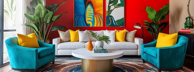 Modern interior design with vibrant colors, including red, blue, and yellow, featuring a white sofa set
