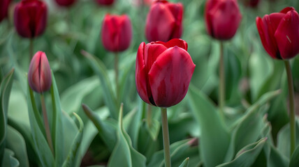 Fototapeta premium A close-up of a tulip garden with deep red petals contrasting against fresh green leaves and stems