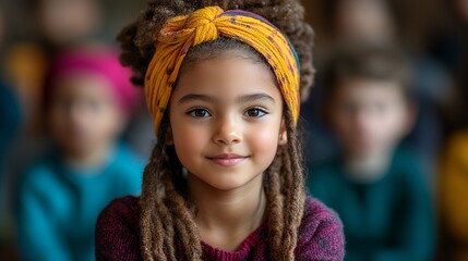 Fototapeta premium Young Girl With Dreadlocks and Headband Sitting in Front of a Group of Children in a Colorful Classroom During a Learning Activity