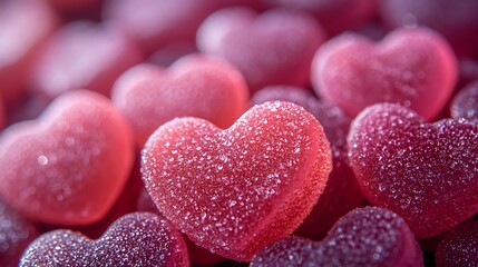 Obraz premium Sweetheart Candy: A close-up shot of heart-shaped candies coated in glistening sugar crystals, capturing the vibrant pink hues and textures of these sweet treats. 