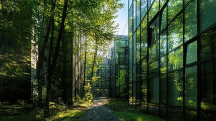 Modern Architecture Integrated with Nature: A Serene Pathway Through Green Glass Buildings