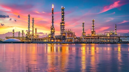 Fototapeta premium Vibrant sunset over an industrial refinery with smokestacks reflecting on calm water