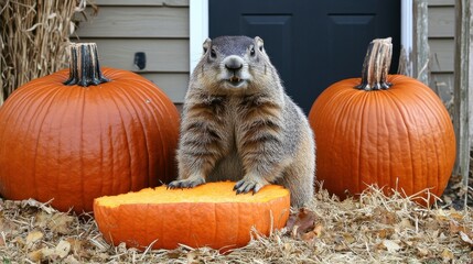Groundhog and pumpkins: A cute autumn scene featuring a groundhog enjoying pumpkins.