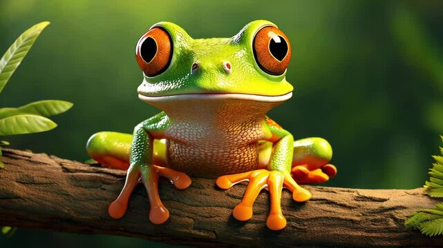 Cute Cartoon Frog Sitting on a Branch in a Tree