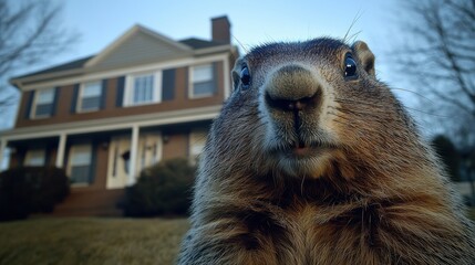 Close-up of a marmot in front of a house. The marmot is looking directly at the camera.