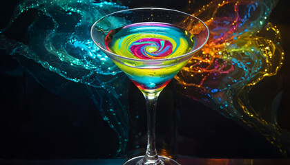 Vibrant abstract martini with colorful liquid swirls