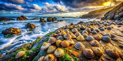 Naklejka premium Coastal Rock Landscape with Limpets, Intertidal Zone, Ocean View, Seashells, Nature Photography