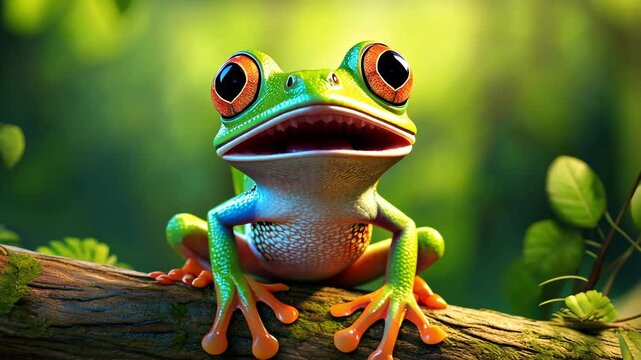 Cute Cartoon Frog Sitting on a Branch in a Tree