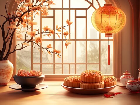 Traditional Mooncakes and Decorative Lanterns Adorn a Cozy Setting During the Mid-Autumn Festival Celebration in a Serene Interior Scene