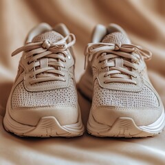 New Beige Sneakers Displayed on a Soft Beige Fabric Background Showcasing a Minimalist and Stylish Design for Casual Wear