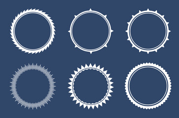 Set of circular ornamental frames with sharp and spiky edges, symmetrical decorative borders on a dark background. Ideal for certificates, labels, logos, and graphic design elements