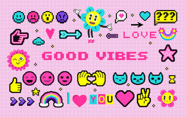 I love the 90s. Cartoon stickers in funky hipster groovy grunge 90s style. Futuristic y2k patches, labels, tags, stickers, bracelet stamps in retro style.