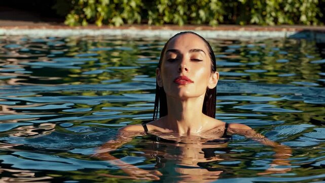Beautiful Moroccan lady swimming on sunny day