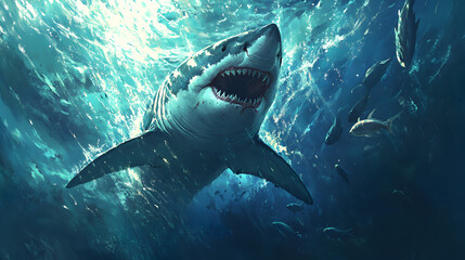 Naklejka premium white shark emerges from the deep blue ocean, its sharp teeth visible as it breaks the surface. Sunlight penetrates the water, highlighting the shark’s sleek body and the surrounding school 