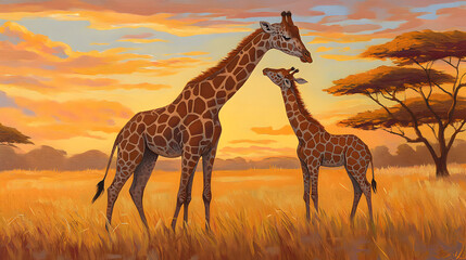 Fototapeta premium giraffe gently nuzzles her calf as they stand in the golden savanna grasslands. Their long necks create elegant curves against the soft hues of a sunset sky. Acacia trees dot the background, 