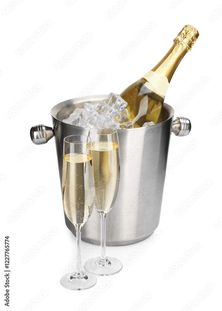 Wall mural Champagne and bucket with ice isolated on white